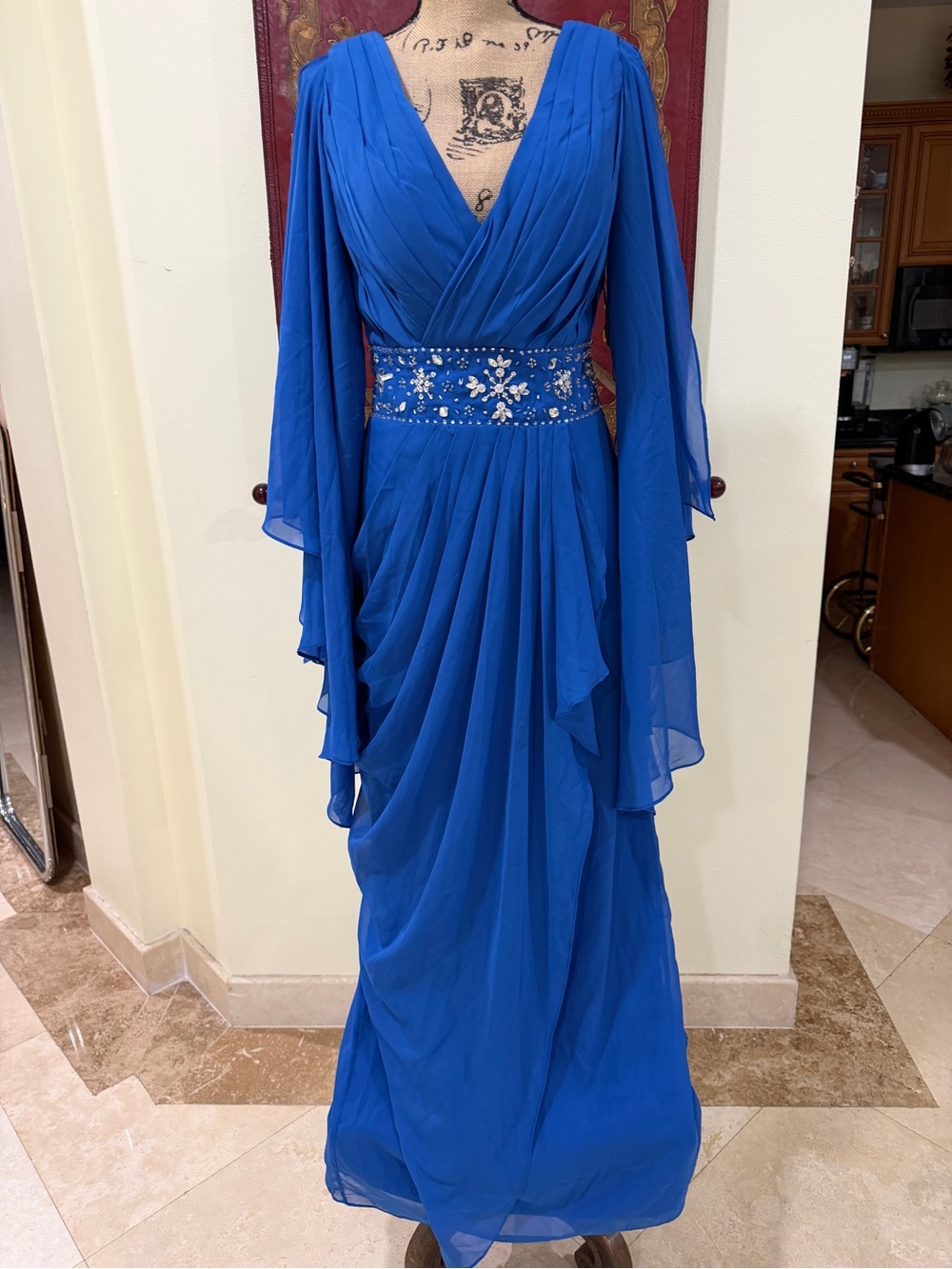 Royal Blue Draped Maxi Dress with Beaded Waist